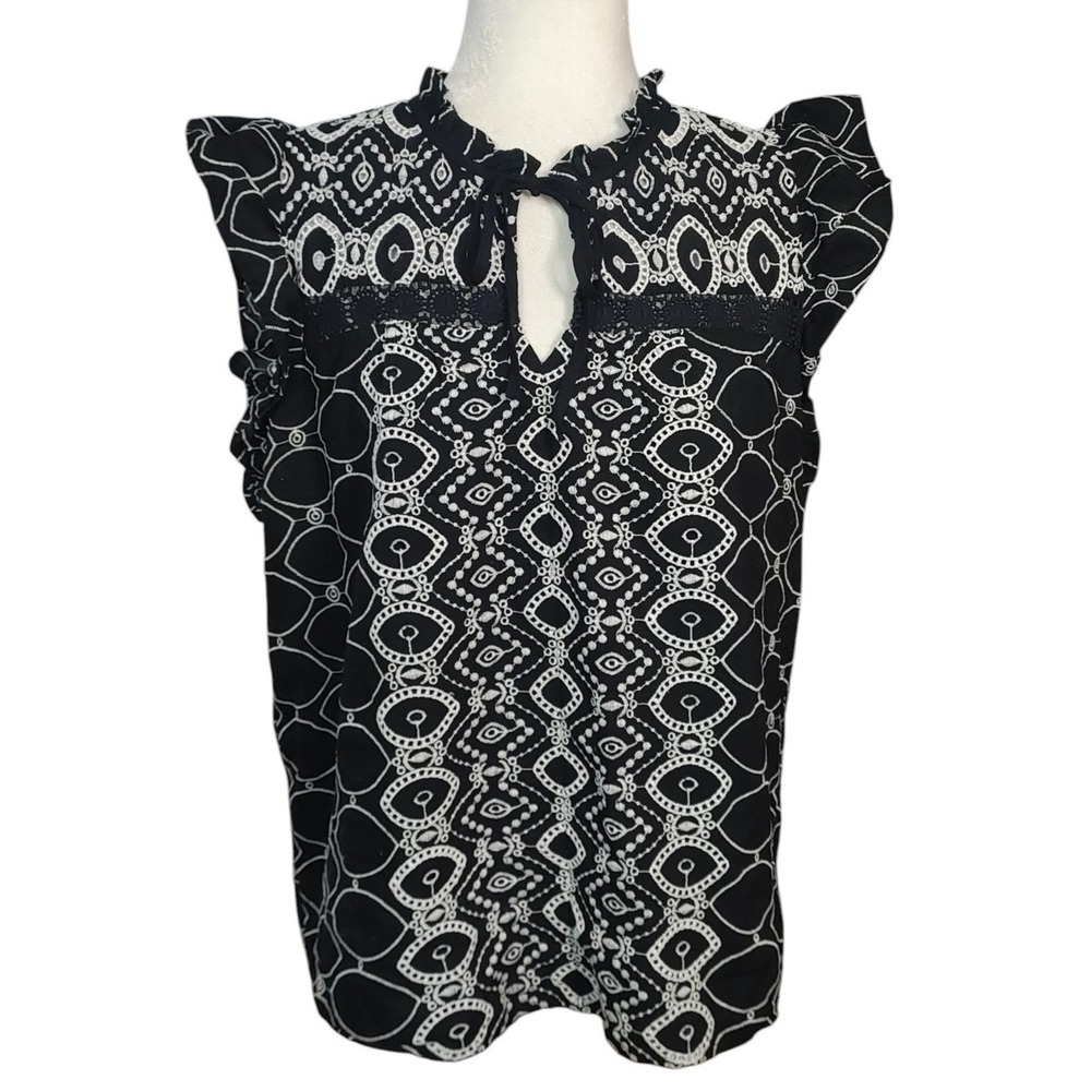 Loft Black Embroidered Top Cotton Flutter Sleeve Boho Cottagecore Large Petite